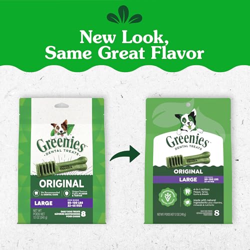 Greenies Large Natural Dental Dog Treats, Original Flavor, 8 Count | Veterinarian-recommended, cleaner teeth after 28 days, clean to gumline, for dogs 50-100 lbs, original chicken flavor - size: 8 Count (Pack of 1)