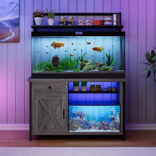 55-75 Gallon Fish Tank Stand with Storage, Aquarium Stand with Shelf, Gray | 49.2 x 19.7 In Top, Upper Shelf, LED Light, 2 Outlets, 2 USB Ports, Metal Frame Support, Turtle Tank Stand, 1100 LBS - color: Gray