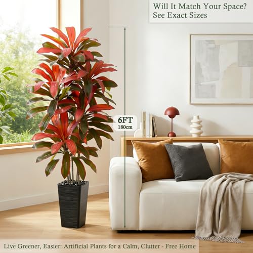 Artificial Dracaena Tree: 6FT Fake Plants Silk Faux Trees(Black Pot) | Realistic Fake Floor Plant with Natural Wood Trunk & Lifelike Leaves in Tall Planter for Home Office Decor Indoor & Outdoor - color: Burgundy – Black Pot, size: 6FT