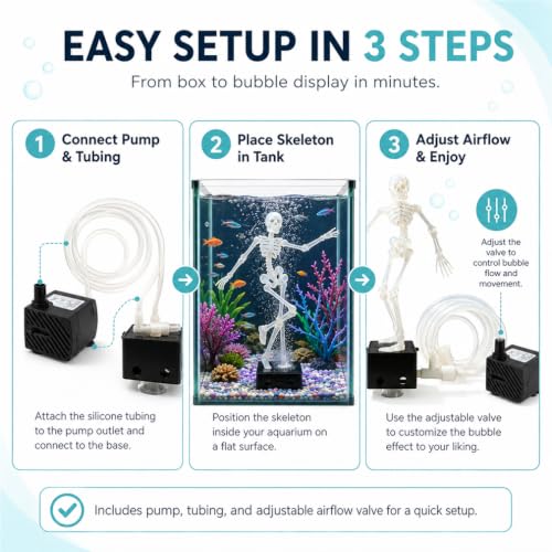 Dancing Skeleton Aquarium Bubbler with Quiet Air Pump, Complete Fish Tank Bubbler Decorations Kit, Adjustable 3D Printed Skeleton Fish Decor for Family-Use,Without Pump
