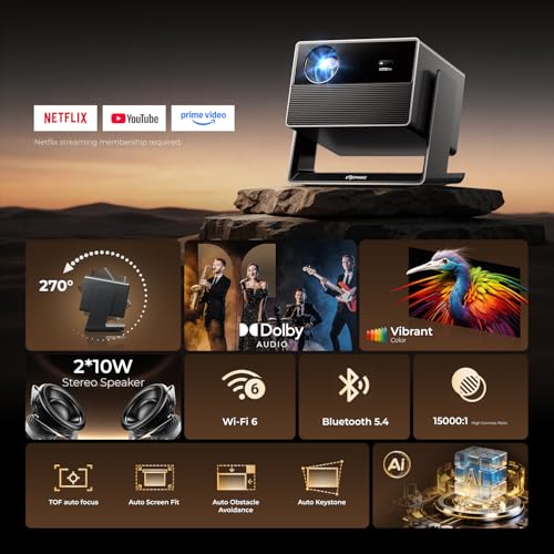 ELEPHAS Smart 4K Projector with WiFi and Bluetooth for Indoor Outdoor | Compatible with Netflix/Prime Video/YouTube, 270° Rotatable, AI Auto Focus & Keystone, Portable Home Theater Movie Projector - color: Black