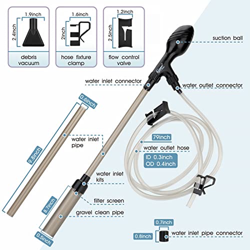 hygger Small Gravel Vacuum for Aquarium, Manual 80GPH Aquarium Gravel Cleaner Low Water Level Water Changer Fish Tank Cleaner with Pinch or Grip Run in Seconds Suction Ball Adjustable Length - size: S
