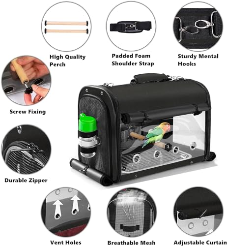 Bird Carrier Bag with Stand, Lightweight Backpack for Parrot, Portable Cockatiel Travel Cage with Accessories, Pet Transparent Breathable Carrier, Black - color: Black