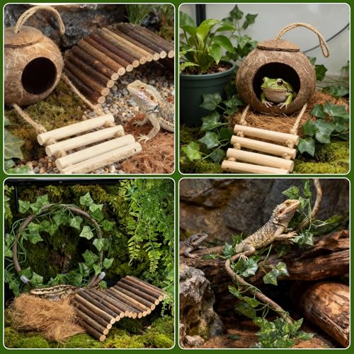 14Pcs Reptile Plants Bridge Vines Leopard Gecko Coconut Hut Crested Gecko Tank Accessories Lizard Coco Den with Ladder for Lizard, Chameleon Cage, Snakes, Hermit Crab