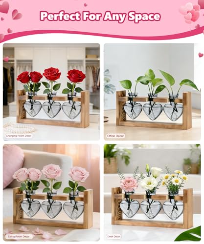 Plant Terrarium with Wooden Stand, 3 Heart Bulb Glass Vases | Wooden Stand Tabletop for Air Planter, Gifts for Mom Plant Lovers Mom Women Wife Grandma - color: Light Gray