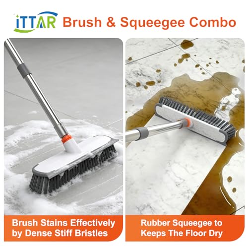 Floor Scrub Brush with Long Handle, 12" Wide 2-in-1 Deck Brush and Squeegee with 55" Stainless Steel Pole, Heavy-Duty Stiff Bristles for Shower, Tile, Garage, Patio & Kitchen-Orange - color: Orange&white
