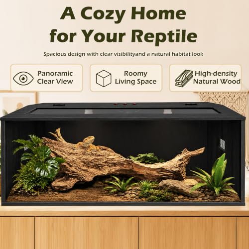Bearded Dragon Tank, Reptile Enclosure, Tempered Glass Lizard Tank, Bearded Dragon Enclosure with Built-in Lamp Fixture and Wooden Roof for Chameleon (48x20x20 Inch, Black) - color: Black, size: 81 gallons