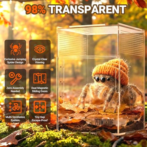 Jumping Spider Enclosure - Acrylic Terrarium Habitat for Spiders, Tarantulas, Snail, Mantis, Lizard, and Small Reptiles, Dual Magnetic Doors (6x6x9 inch) - size: 6x6x9inch