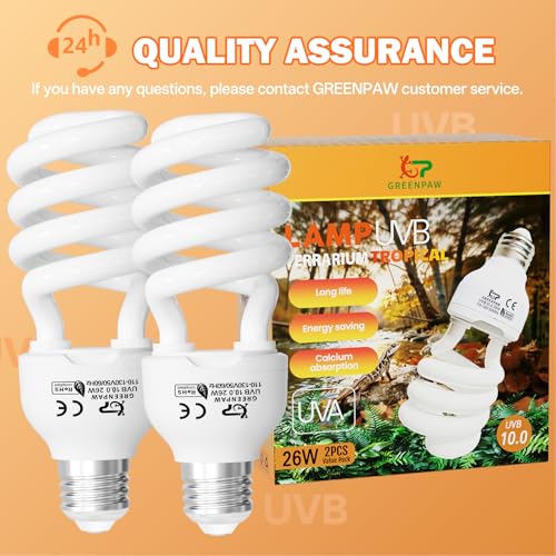 UVB Reptile Light Bulbs 10.0: 26W High Output UVB Light for Bearded Dragon, 2 Pack UVA UVB Light for Reptiles, Reptile UVB Bulb Compact Fluorescent Terrarium Lamp for Tortoises- UV Sensor Test Card - size: 6.5INCH-10.0