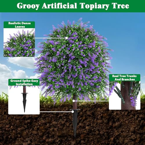 Grooy 2 Pack Artificial 28.7 Inches Boxwood Topiary Balls with Lavender | Fake Shrubs with Ground Spikes, UV Resistant Evergreen Tree, Realistic Flowers Plants for Outdoor Front Door Garden Decor - color: Lavender