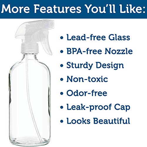 Sally's Organics® Empty Clear Glass Spray Bottles - Refillable 16 oz Containers for Essential Oils, Cleaning Products, Aromatherapy, Misting Plants, or Cooking - Sprayer with Mist and Stream - 2 Pack