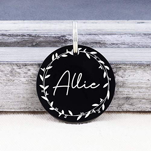 UltraJoys Stainless Steel Pet ID Tag Dog Name Tags Personalized Front and Back Engraving, Customized Dog Tags and Cat Tags, Optional Engraved on Both Sides, Round Tag with Vine Design 2, Small Black - color: Black-round-vine2, size: Small