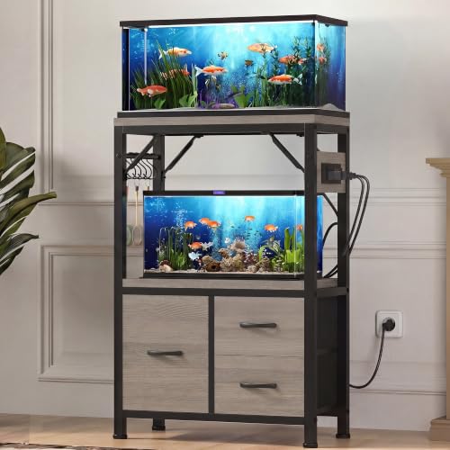 Heybly 5-10Gal Fish Tank Stand with Drawer, Power Outlet,200lbs HAS002SSG-1 | Aquarium Stand,Heavy Duty Metal Frame for Fish Tank, Turtle & Reptile Terrarium, 20.5" × 10.2" Top, Rustic Gray - color: Greige, size: 5-10 gal