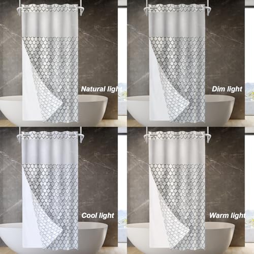Snake Scale No Hooks Shower Curtain with Snap in Liner Set, Gray Fish Scale Pattern Tub Curtainn Mesh Top Window & Magnetic Hem Waterproof 35.5X74 Inch - color: Snake Scale 1 White03, size: 35.4"W x 74"L (Pack of 1)