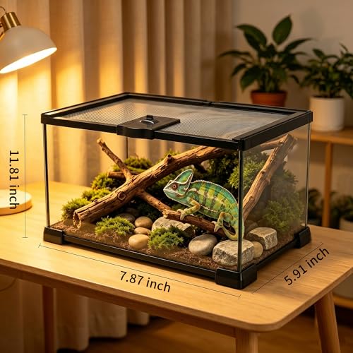 12x8x6 Reptile Enclosure, Glass Terrarium for Geckos, Lizards | Clear glass enclosure for leopard geckos, lizards, frogs, snails & isopods. Easy assembly with escape-proof locking lid.