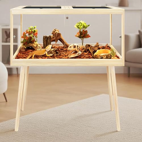 Bearded Dragon Tank with Leg Stand 34 Gallons, Wooden Lizard Tank,Reptile Tank with Metal Mesh Roof Door, Acrylic Panel Snake Tank with Lock Design (Oak, 32"x16"x16") - color: Oak, size: 32"x16"x16"