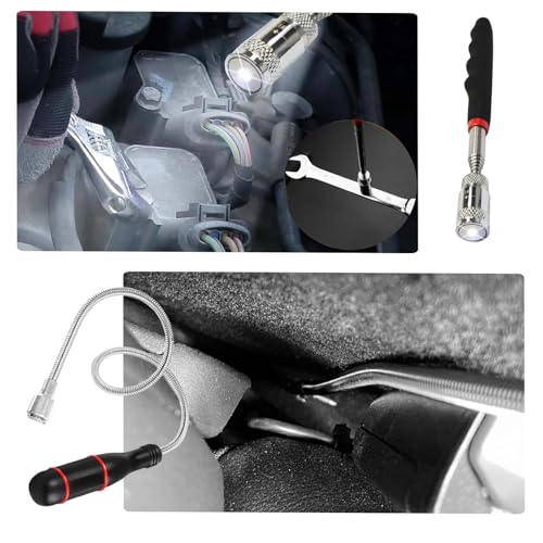 Telescoping Magnetic Pickup Tool Set, Telescopic Inspection Mirror | Flexible Bendable Spring Magnet Stick, LED Flashlight Pickup Rod, Cool Gadgets for Men