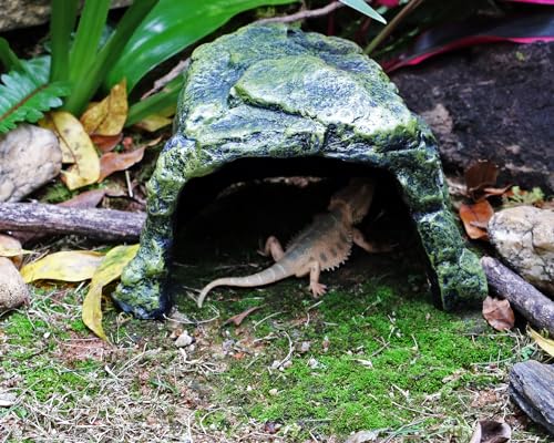 Rock Hide Cave for Reptiles, Amphibians Rock Den - Terrarium & Aquarium Decor, Great for Bearded Dragons,Lizards,Snakes,Turtles,Geckos,Frogs,Small Animals - Large Size - style: Medium Size ( Green )