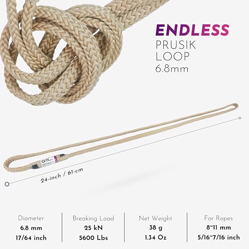 6.8mm Endless Prusik Loop 100% Technora 25kN Heat Resistant Friction Hitch Cord Hollow Braid for Rappel Abseil Backup, Adjustable Anchor Set-up, Rescue Rigging Hammocks - color: Tan | 24 Inch