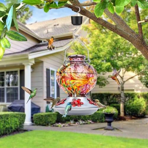 Hummingbird Feeders for Outdoors Hanging, Hand Blown Glass, Purple | 22oz, with Ant Moat, 5 Bee-Proof Ports, Leak-Proof, 360° Perch, Easy Refill & Clean, Garden Decor Gifts for Women Men Mom Dad - color: Purple