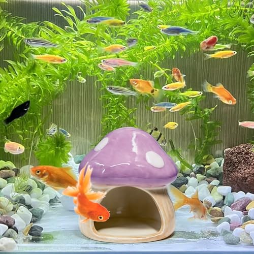 Betta Fish Tank Accessories, 4.33'' × 4.33'' Ceramic Mushroom House Aquarium Decor - Cute Purple Hideout Cave Ornament for Small Fish, Shrimp, Goldfish, Hamsters & Reptiles (Purple)