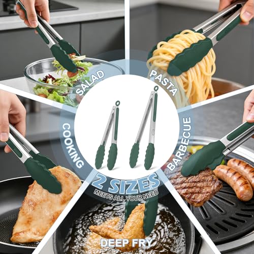 Stainless Steel Kitchen Tongs with Silicone Tips, Locking Grilling Food Tongs, 9" and 12", Set of 2 Dark Green - color: 2pack Dark Green