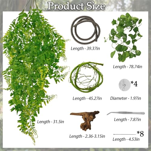 8 Pack Artificial Reptile Plants Jungle Vines for Terrarium | Bearded Dragon Tank Accessories,Artificial Hanging Climbing Plant Decorations,Snakes Geckos Lizards Chameleons