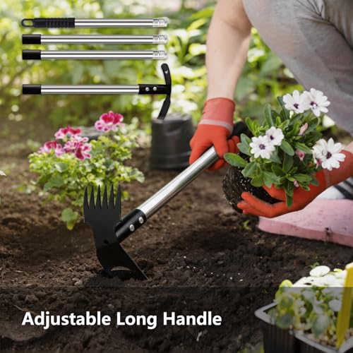 Weed Remover Tool with Long Handle(58IN), 2-in-1 Hand Weed Puller with Rake & Garden Hoe Combo for Gardening, Manual Weeding Tools for Gardens, Yards, Patios, Lawns, and Paved Areas