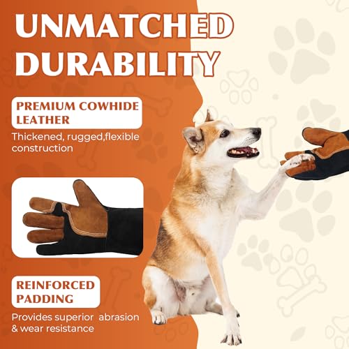 HANDLANDY Animal Handling Gloves, Bite Proof for Cat Dog Handling | Puncture & Scratch Resistant Leather Gauntlet Gloves for Dogs, Cats, Birds, Falconry, Gardening - color: Black, size: 16 Inches