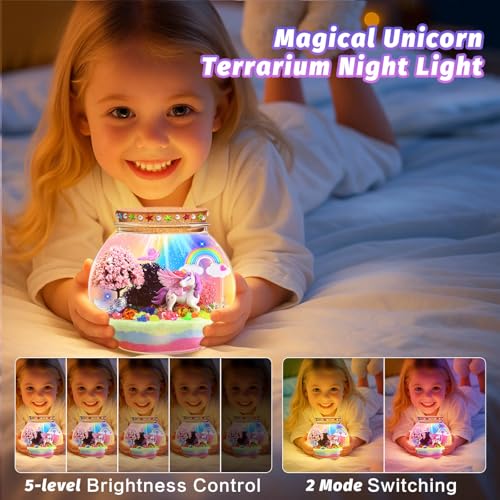 Unicorn Light-Up Terrarium Kit for Kids - Multicolor LED Night Light Birthday Gifts - Unicorn Toys for Girls Ages 4-6 7 8 9 10 Year Old - Kids Arts and Crafts Kit, Easter Ideal Gifts - style: Unicorn