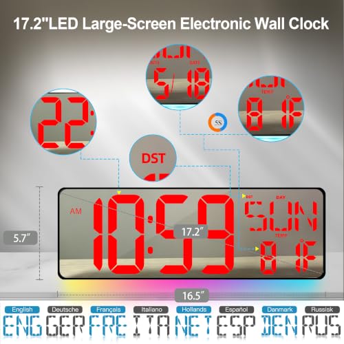 17.2-Inch Large Mirror Digital Wall Clock with Remote Control, RGB Mood Light, Extra-Large LED Display, Auto Dimming,Date, Day, Temp, Countdown Timer for Home, Gym, Office and Classroom (Red) - color: Red