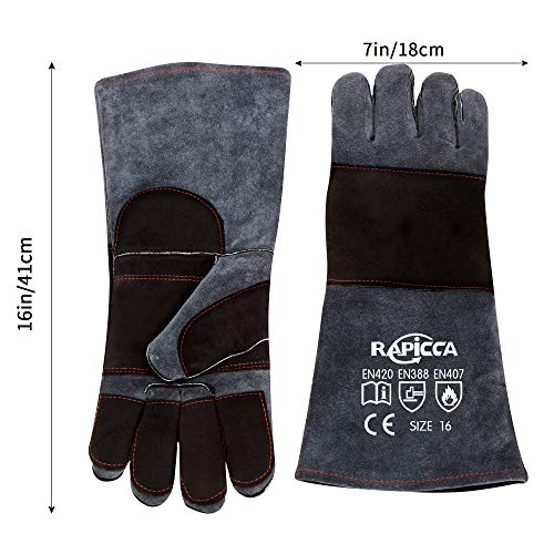 RAPICCA Animal Handling Gloves, Bite Proof Double Leather, 16 in Grey-Black | For Dog, Cat, Bird, Falconry, Snake & Reptile Handling; Vets, Groomers & Animal Control Teams - style: 16 Inches