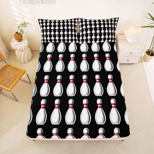 Erosebridal Bowling Ball Bed Sheets White Black Fitted Sheet Full Size,Sport Balls Sheets for Kids Boys Girls Adults Bowling Pins Print Bed Set - color: Black Red White, size: Full (No Top/Flat Sheet)