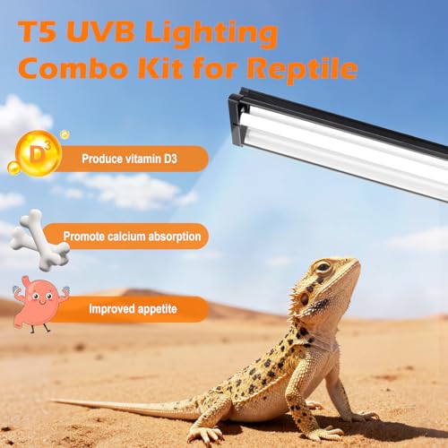 T5 UVB Reptile Light Fixture Combo Kit 24W 10.0 – Complete HO UVB Light for Reptiles with 22.68" Terrarium Hood, Desert UVB Bulb for Bearded Dragon Gecko Tortoise Lizard – Easy to Install and Use - size: 10.0-22.68 in