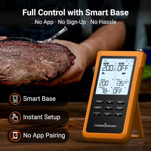 ThermoMaven Sub-1G Wireless Meat Thermometer, No App Needed, 2 Probes | 3000FT Long Range, Digital Smart Base, 6 Sensor NIST Accuracy, IPX8, BBQ Smoker Grill Oven Brisket Steak Turkey Pork Roast - color: Orange