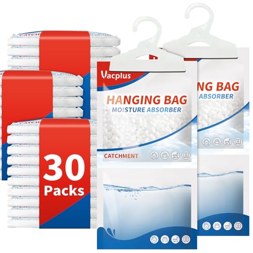Vacplus Moisture Absorber, 30Pack Hanging, Strong Absorption, Unscented | Closet, Enclosed Spaces, Bathroom, Odor Eliminator, Dehumidifier Bags, 9.8 OZ - size: 30 pack