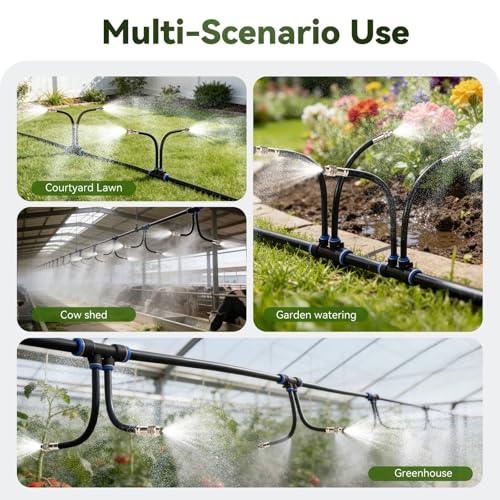 100-FT1/2-inch Tubing High-Flow Adjustable Irrigation System for the Garden | with 60 Nozzles, Dual-Side Watering Kit For Garden, Yard,Lawn,Raised Beds, Greenhouses & Efficient Plant360° Irrigation - size: 100Ft