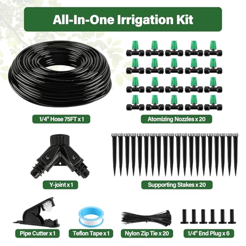 Kalolary 75FT Quick-Connect Drip Irrigation System Kit | Automatic Garden Watering System with 1/4" Tubing & Atomizing Nozzle Irrigation Equipment for Raised Garden Beds Greenhouse - size: 75FT Drip Irrigation System Kit