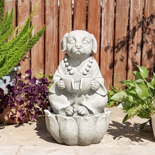 Glitzhome Water Fountain Outdoor, Outdoor Fountain with Lights&Pump, 22" H 2-Tiered Concrete Dog Statue Zen-Style Water Fountain Polyresin Water Feature for Home Patio Garden Backyard Decor - color: Concrete Dog, size: 22"H