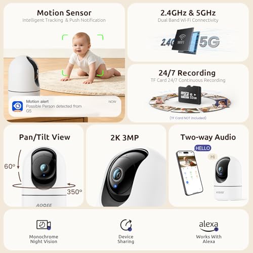 AOQEE 5G Cameras for Home Security Indoor, Pet Monitor w/Phone APP G5 2Pcs | Dual-Band Wi-Fi Indoor Camera with 24/7 TF Card Storage, 360 PTZ Auto-Tracking Pet/Dog/Cat/Puppy/Nanny, Motion Alert, Plug-in - color: White-2Pack