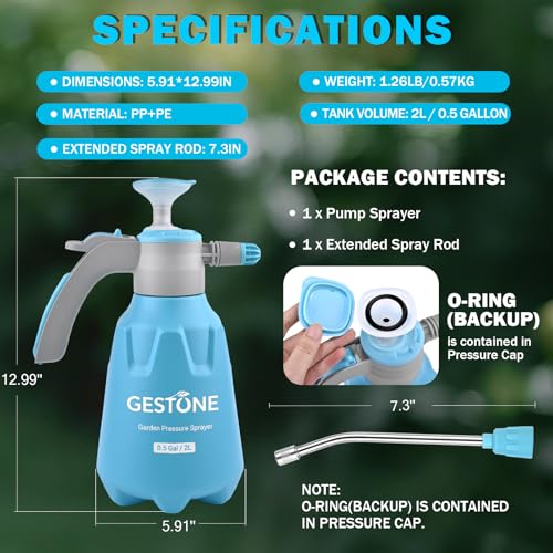 Hand Pump Sprayer 1/2 Gallon, Leak-Proof Plant Mister Spray Bottle | 2L Handheld Garden Pressure Sprayer, Lockable Spray Switch Design, Adjustable Nozzle, Extended Spray Rod, Lawn and Garden