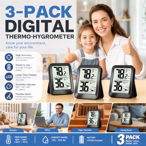 AyayaBoss 3 Pack Room Thermometer Indoor Hygrometer | Mini Size, Monitor Temperature & Humidity, Accurate Fast Read, Easy To View, Kickstand/Hanging/Wall Adhesive, ℉/℃, w/ Battery - color: Mini Temperature Humidity Meter 3 Pack - Black