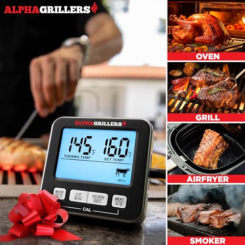Alpha Grillers Meat Thermometer Digital, Wired Probe for Oven & Grill | 7 Preset Temperature Alerts, Timer & Alarm for Cooking, Baking & BBQ