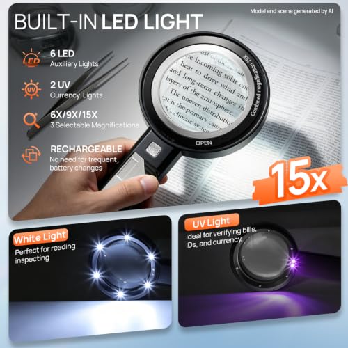 MLOGIROA Rechargeable Handheld Magnifier with LED & UV Light, 6X 9X 15X | Detachable 9X lens, USB-C charging, storage pouch, clean cloth, for reading, coins, stamps, jewelry, currency