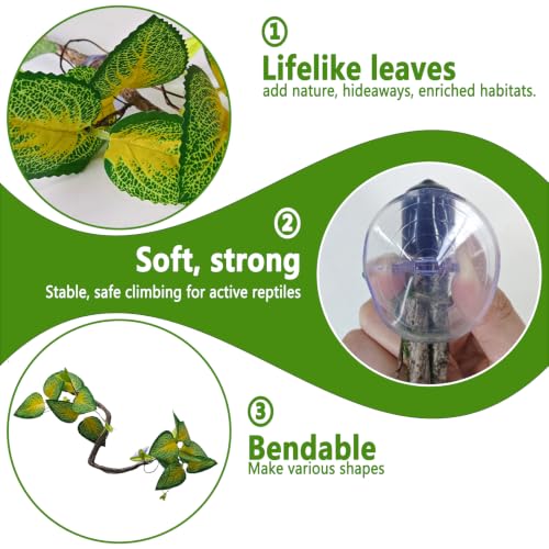 BNOSDM 2PCS Reptile Climbing Branch, Bendable Jungle Vine with Leaves Terrarium Plant Decoration with Suction Cup Chameleon Cage Accessories for Gecko Lizard Bearded Dragons Snake (Vinca Leaf) - color: Vinca Leaf