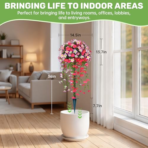 Grooy 2 Pack Artificial Plants, Pink Flowers Topiary Ball for Outdoor | Fake Silk Morning Glory, UV Resistant Shurbs, Realistic Plants, Shurbs for Outside, Front Porch, Patio, Yard Decor - color: Pink Morning Glory