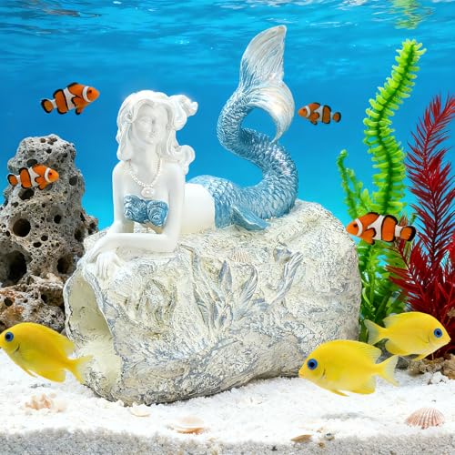 Teaeeno Faux Log Fish Cave Mermaid Statue Decor | Decorative Shelter for Koi and Fish Ponds Aquariums and Terrariums Mermaid Decoration Sculpture - color: Blue
