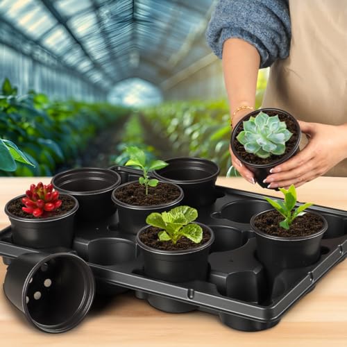 RooTrimmer 4 Inch Plastic Plant Pots 60 Pcs and 12 Cell Nursery Pots Trays 5 Pcs, Thick Sturdy Seeds Starting Germination Shuttle Carrying Trays, Black Small Planter Nursery Propagation 5 Sets - color: Black + Black, size: 4 Inch 60 Pack Pots With 5 Pack