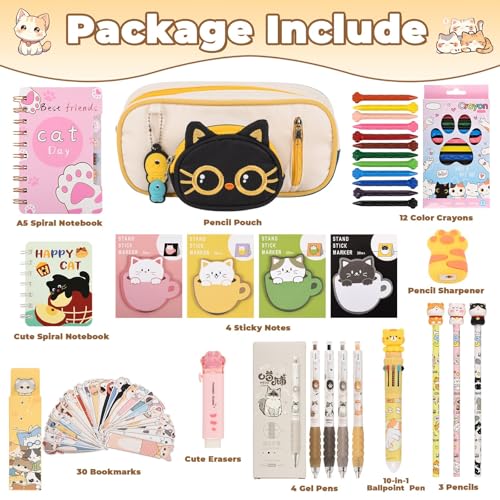 Ulema 60Pcs Cute Cat Stationery Set Birthday Gifts for Boys Girls Back to School and Classroom Rewards Office Supplies with Cat BallPoint Pen, Pencils, Erasers, Sticky Notes etc. - style: cat