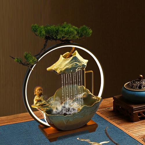 Buddha Water Fountain Indoor, Zen Monk Tabletop Water Fountain with Mist, LED Light and Backflow Incense Holder, for Home Decor, Office Decor, Yoga Meditation - size: F